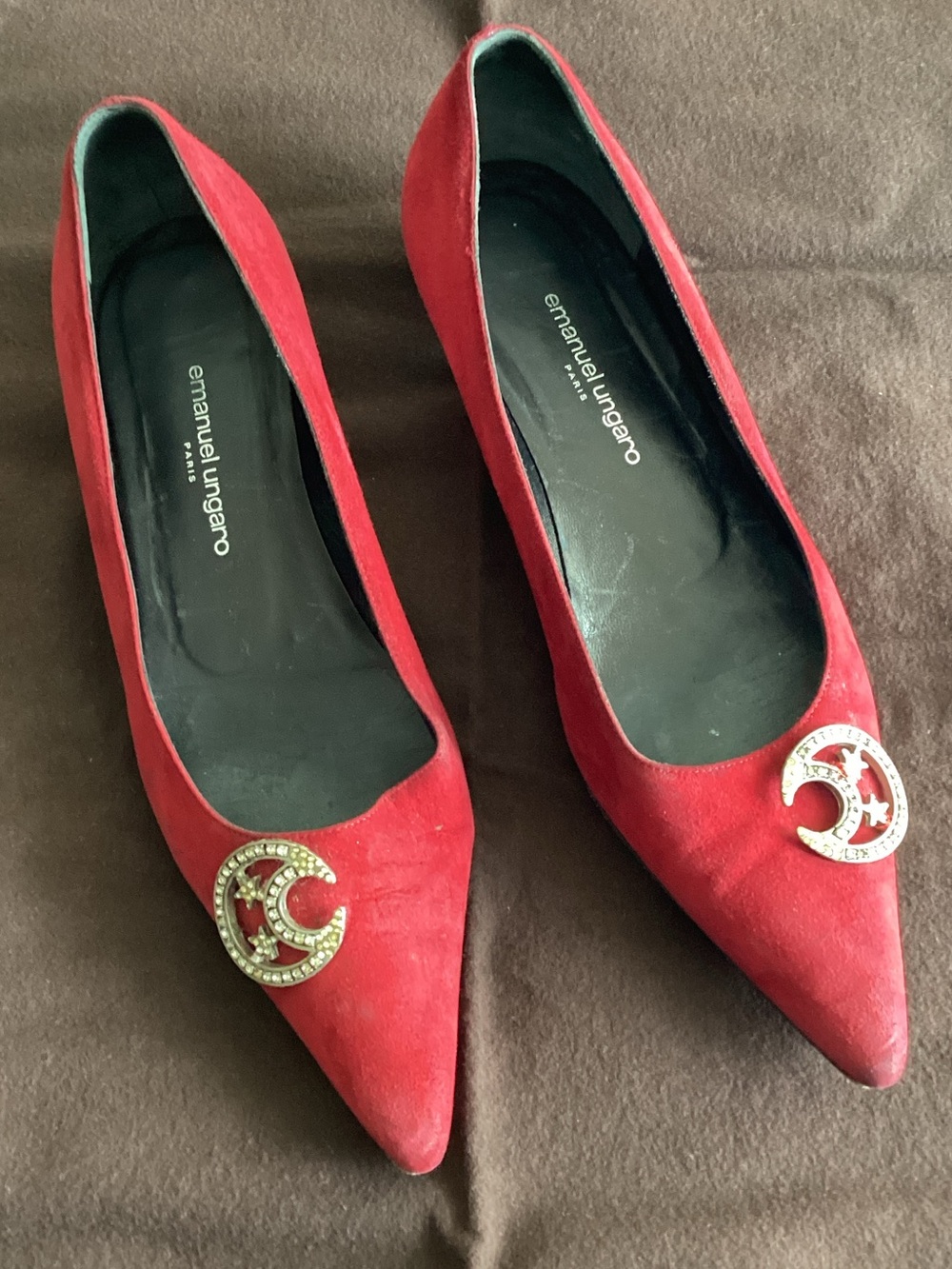 Emanuel Ungaro Red Suede Pointed Flats with Gold Medallions